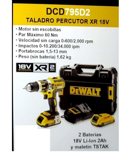 TALADRO PERCUTOR 18V 60NM LI-ION 2 (2 BAT + MALETIN DEWALT DCD795D2-QW