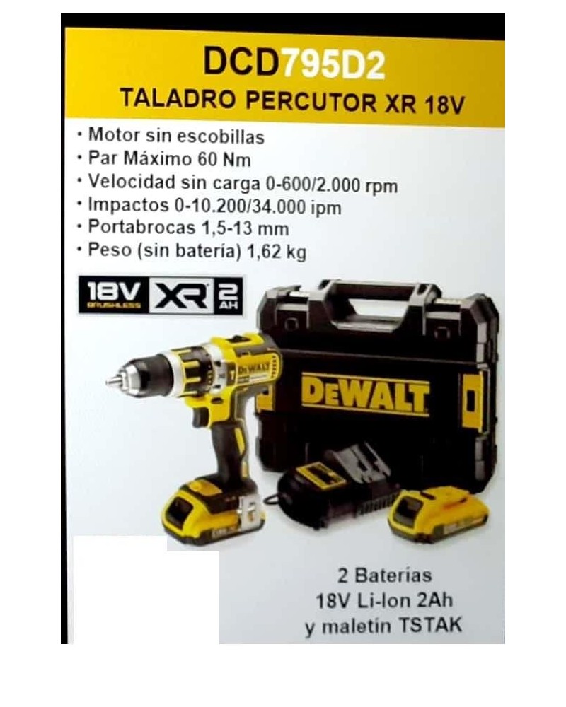 TALADRO PERCUTOR 18V 60NM LI-ION 2 (2 BAT + MALETIN DEWALT DCD795D2-QW